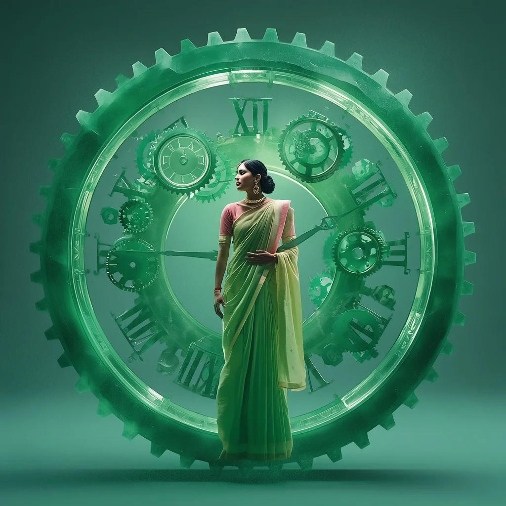 Colossal Floating Clockwork Mechanism of Glowing Jade Gears | Trending peacock saree prompt
