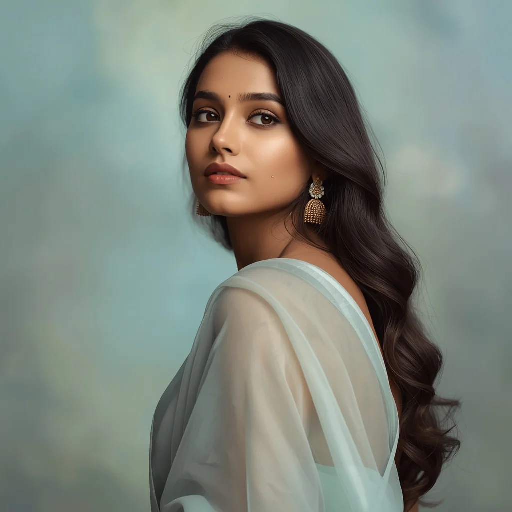 Contemplative Stare in a Pastel Aqua Georgette Saree | best ai prompts free