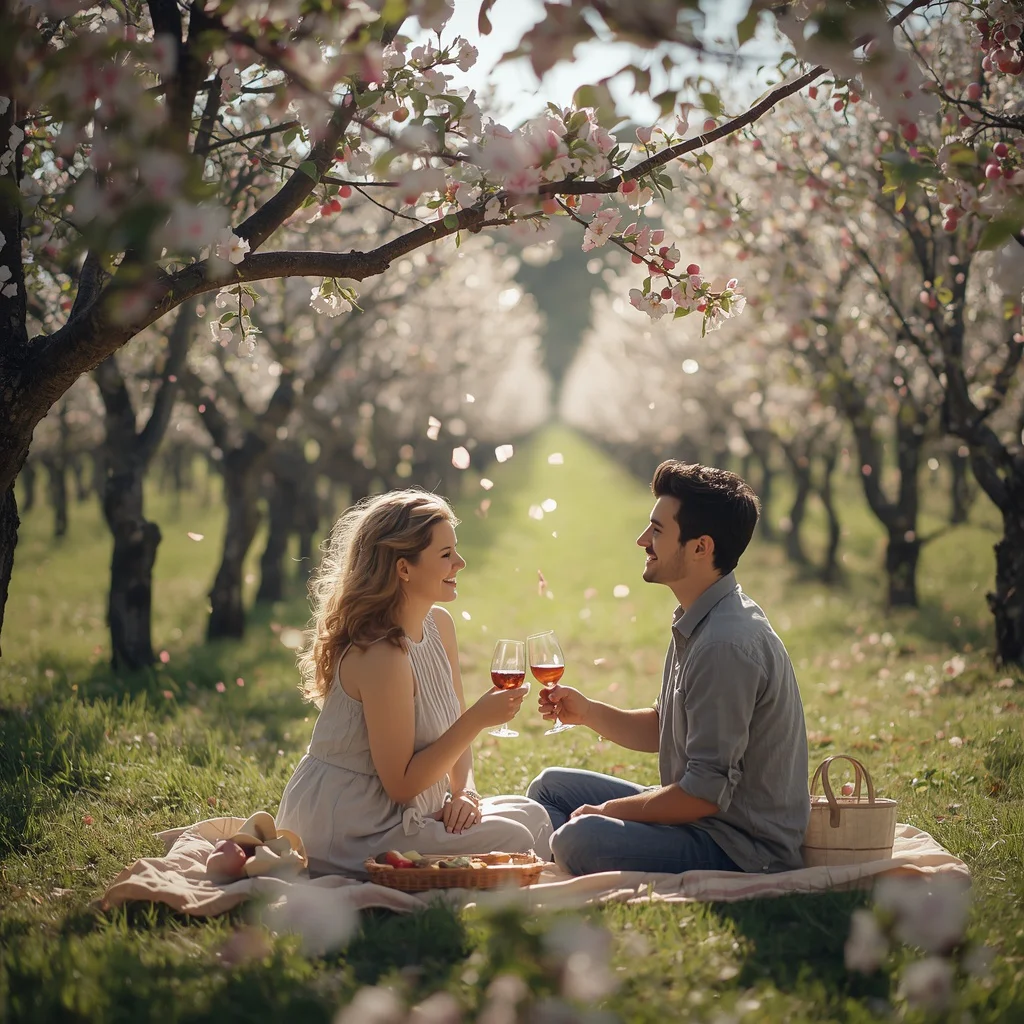 Couple’s Romantic Picnic in a Sun-Drenched Orchard | couple ai prompt