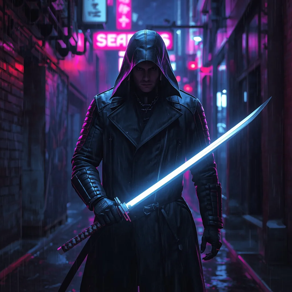 Cybernetic Samurai: A Man’s Blade in a Futuristic Alley | Gemini ai traditional boy prompt