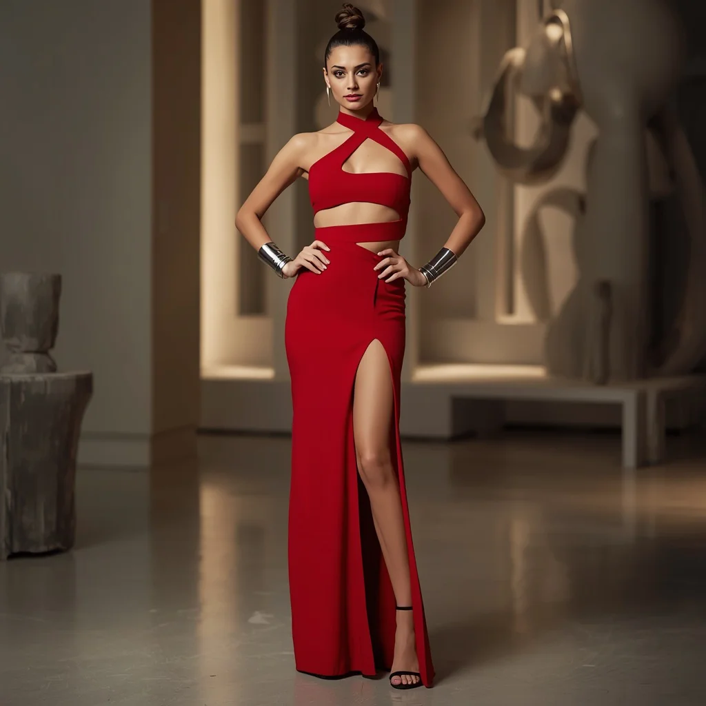 Daring Cutout Maxi Dress in Red for an Edgy Fashion Event | image prompt