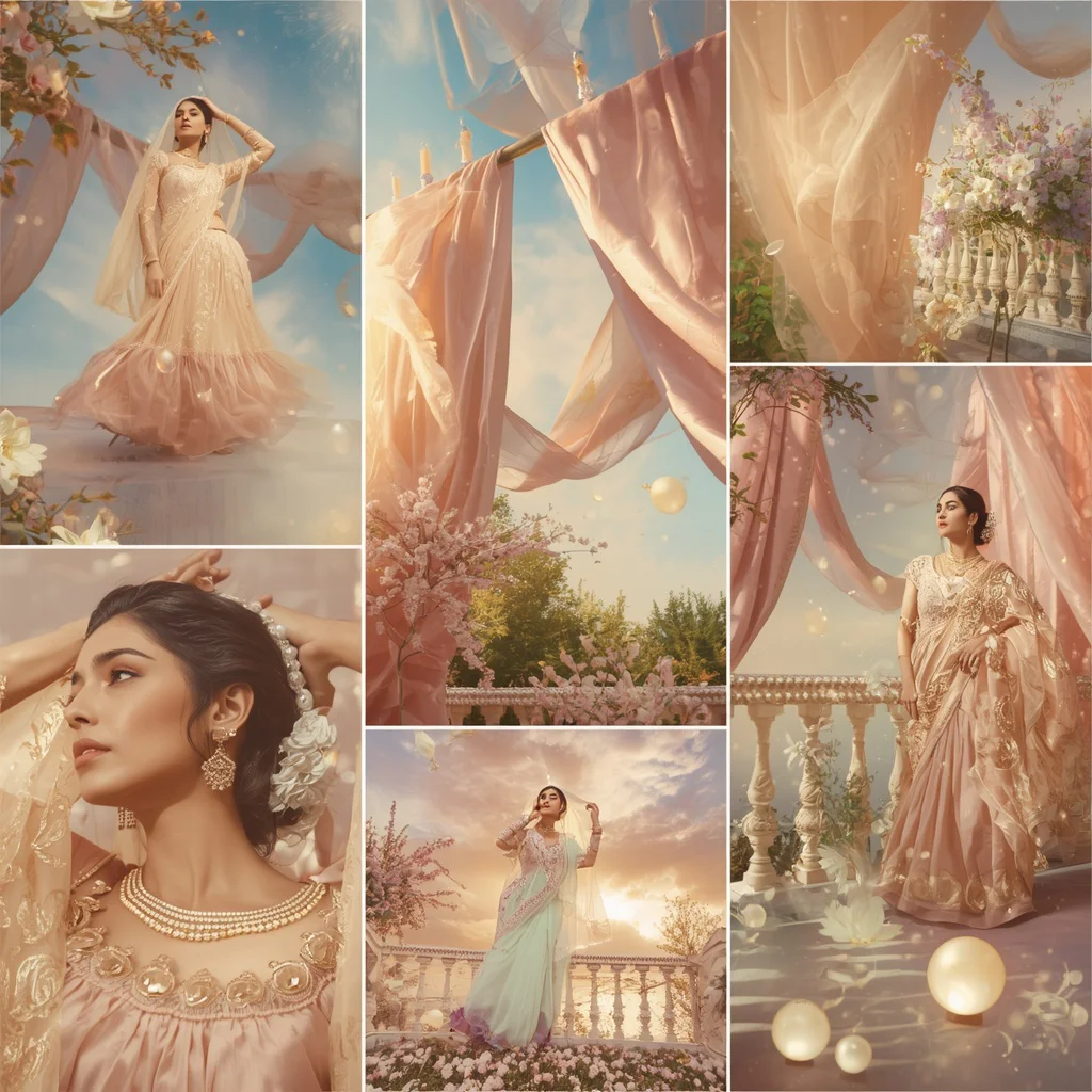Dreamy Luxury Collage: Indian Woman on Celestial Silk Bloom Terrace
