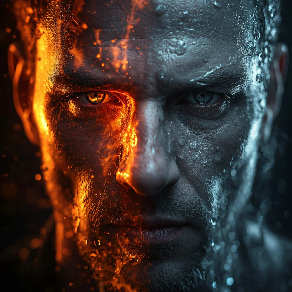 Dual Nature: A Man’s Face Split by Fire and Water | Photo prompt for men aesthetic