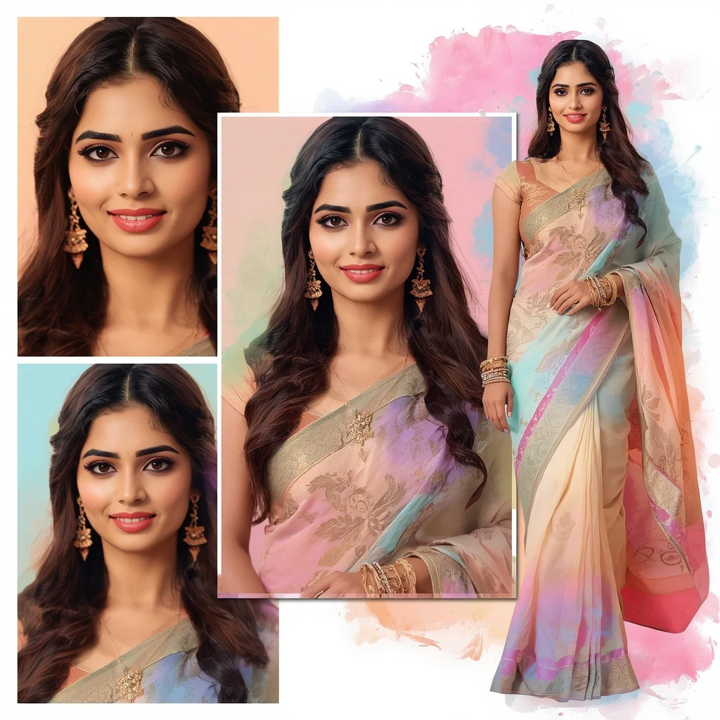 Dynamic Soft Pastel Color Splash Effects Around Festive Saree | best saree prompt for gemini girl