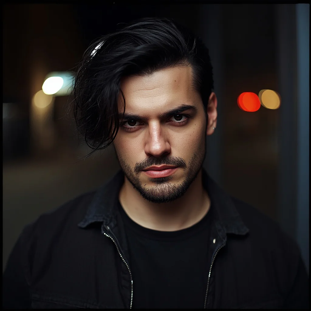 Edgy Charisma: A Black-Haired Man with Facial Hair and a Piercing Gaze | gemini prompt