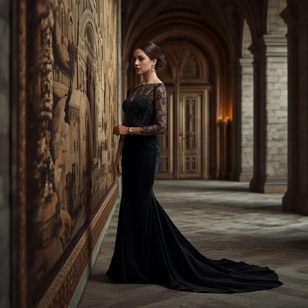 Elegant Black Gown in a Grand Castle Interior Hallway | ai portrait prompt