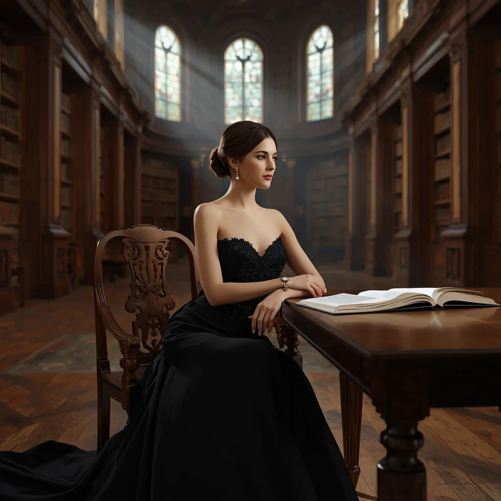 Elegant Black Gown in a Grand Library Reading Room | creative ai prompt