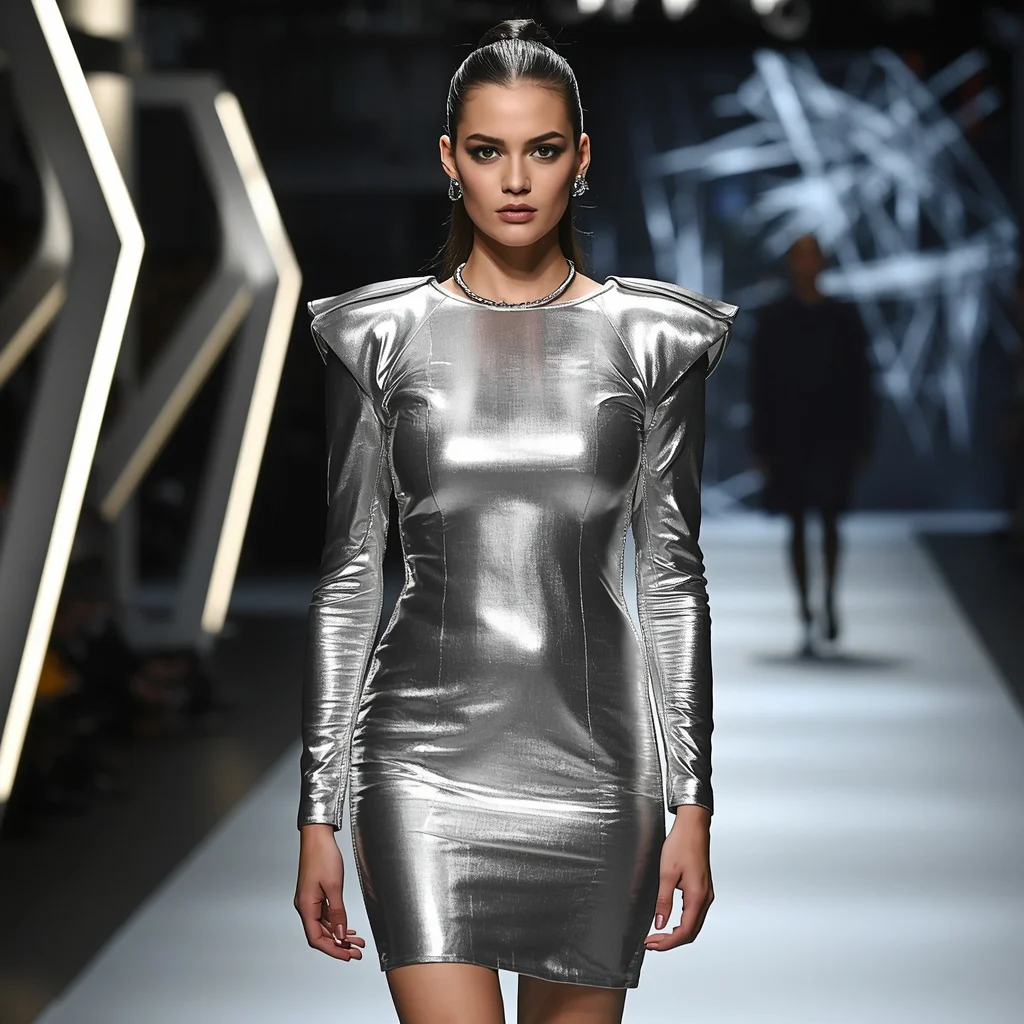 Elegant Silver Metallic Mini Dress with Structured Shoulders for a Fashion Event | art ai prompt