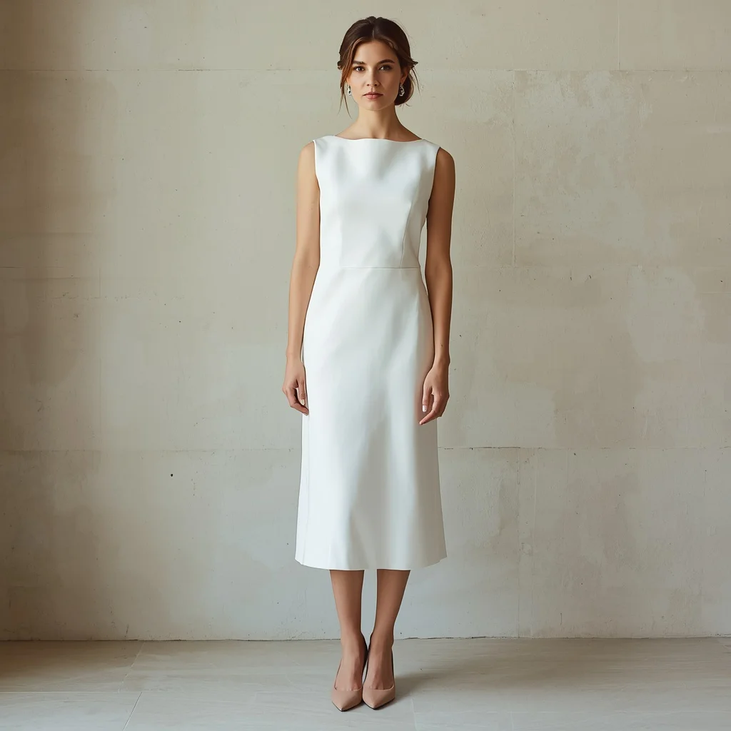 Elegant Simplicity: A Woman in a Minimalist White Midi Dress for a Sophisticated Event | ai selfie prompt