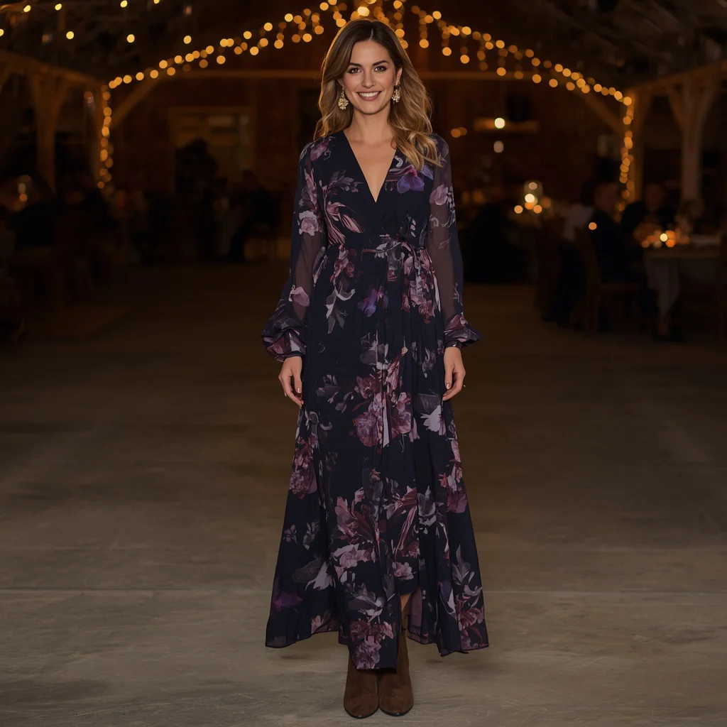 Elegant Western Evening: A Dark Floral Print Maxi Dress | midjourney prompt list
