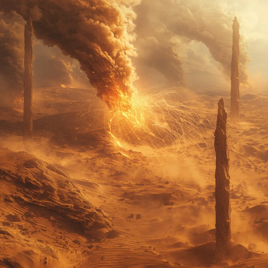 Floating Desert Crystal Storm World With Magnetic Sand Energy Vortex Systems