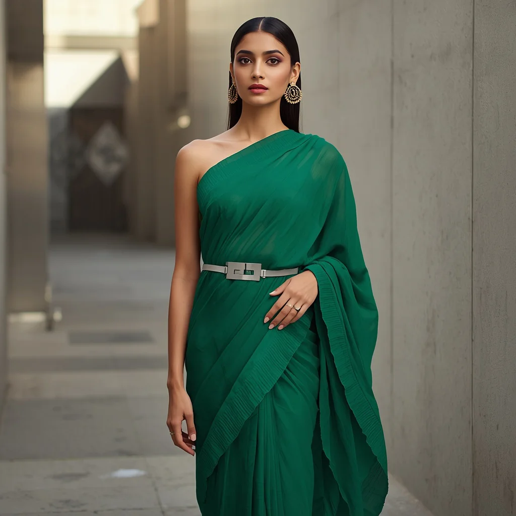 Fusion Saree with Pleated Pallu and Modern Belt Detail | saree pose ai prompt