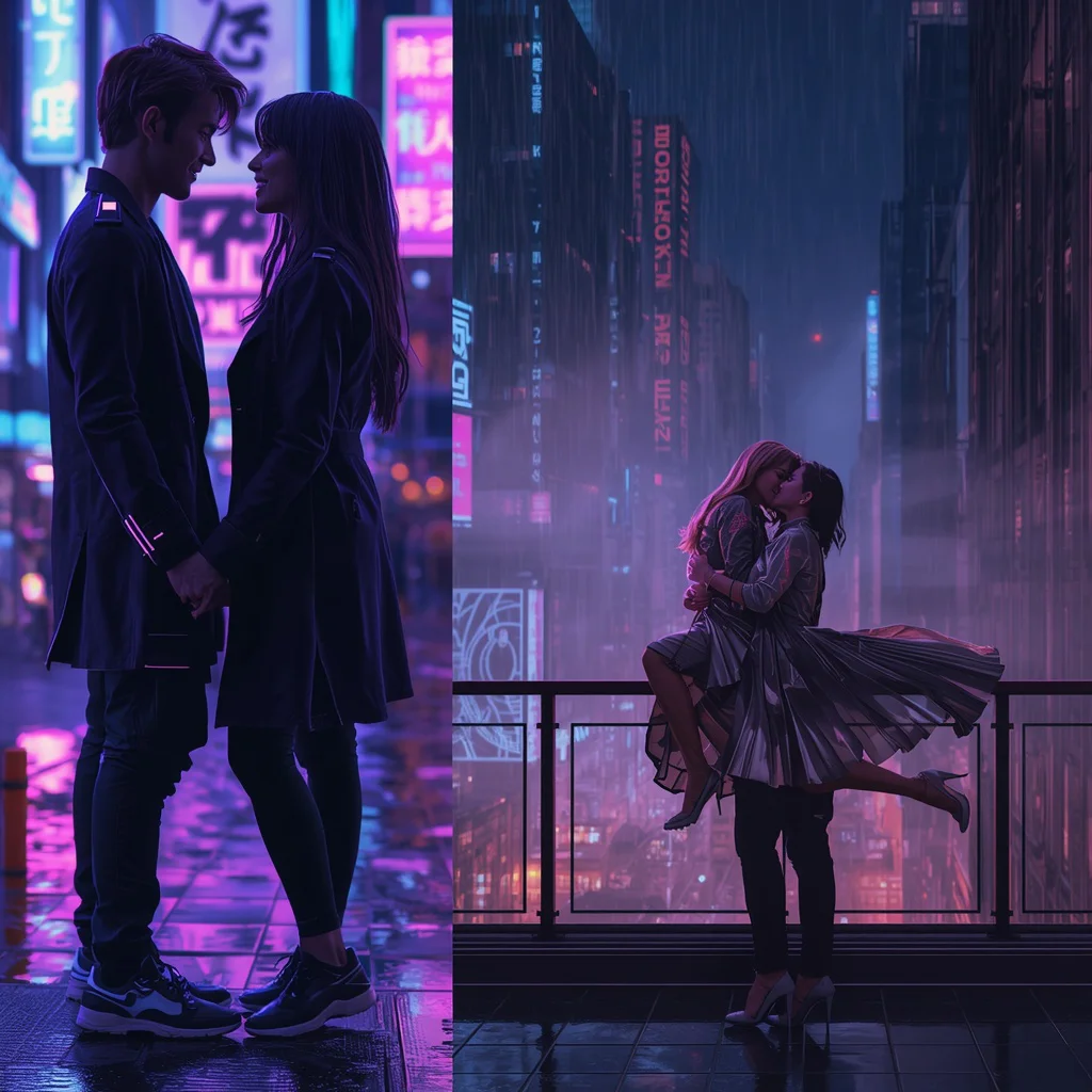 Futuristic Cityscape Cinematic Couple Collage in Neon Glow | Photo prompt link