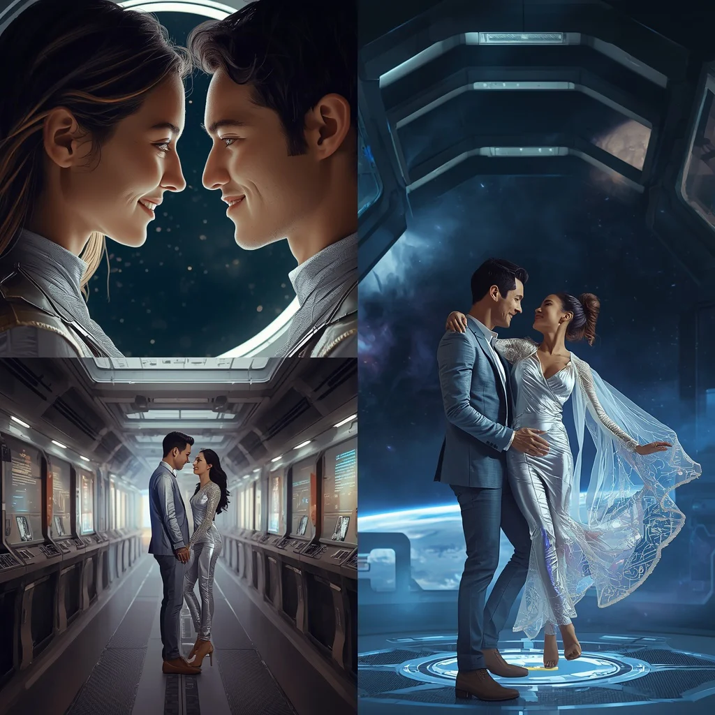 Futuristic Romance Cinematic Couple Collage in Space Station | Prompt seen trending boy 2026 Instagram