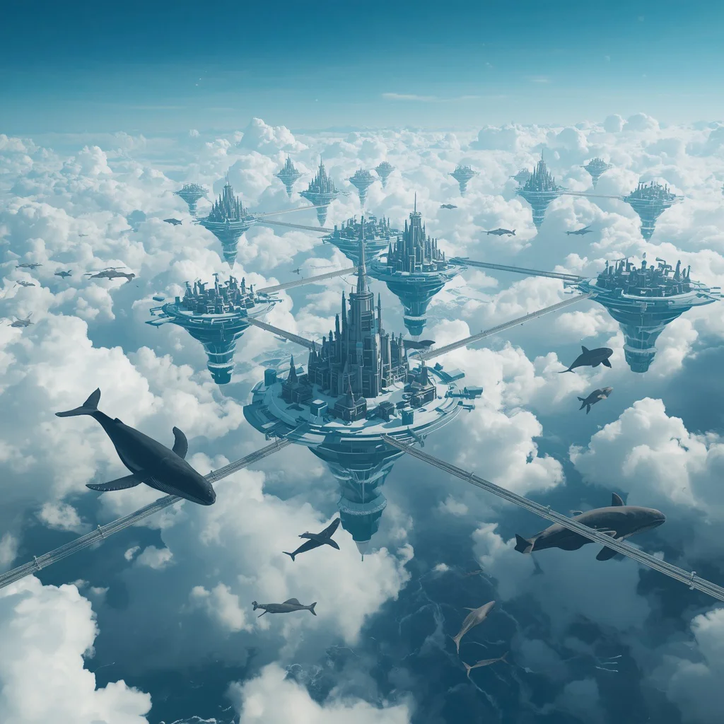 Futuristic Sky Ocean Civilization With Floating Marine Cities And Cloud Wave Ecosystems