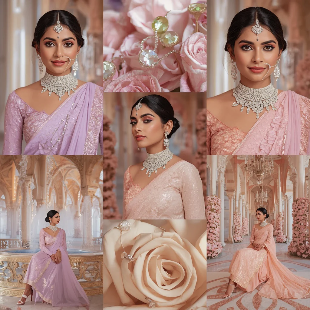 Glamorous Couture Collage: Indian Woman in Diamond Rosewater Palace Setting