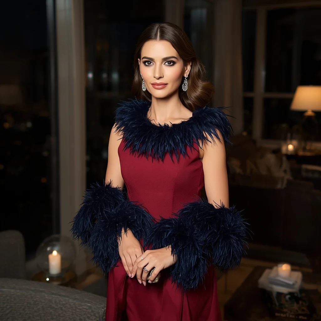 Glamorous Feather-Trimmed Gown for a High-Society Soiree