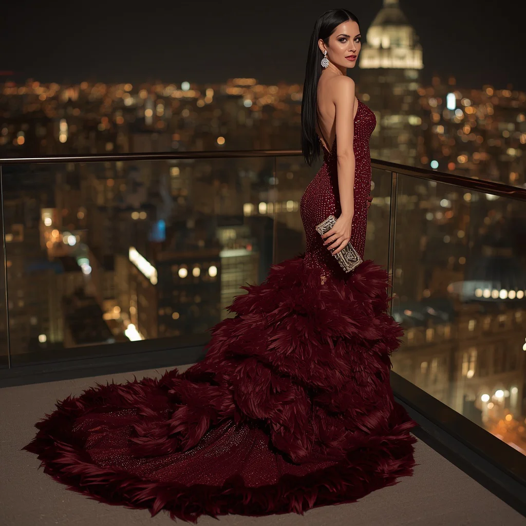 Glamorous Feathered Gown for an Exclusive High-Fashion Event | instagram influencer ai prompt