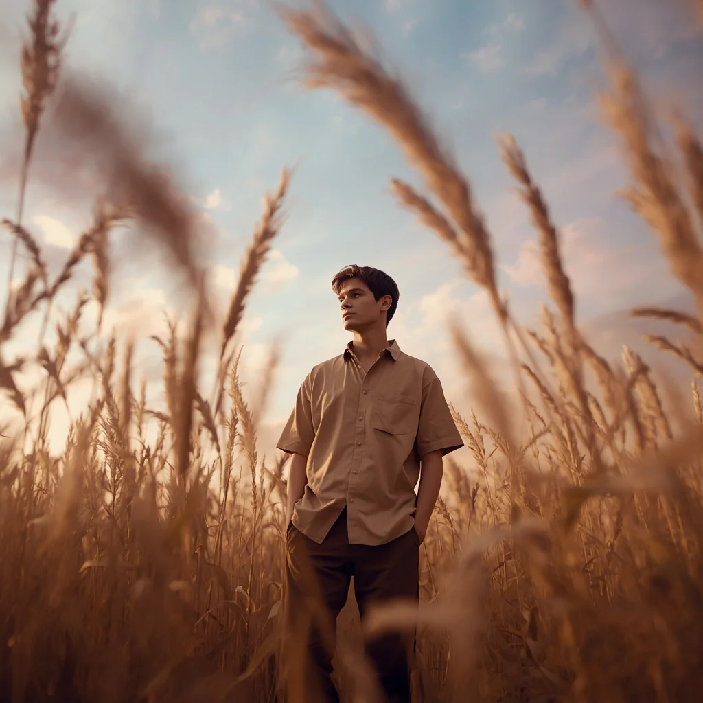 Golden Field Serenity: A Man in a Simple Shirt Amidst Tall Grass at Sunrise | Prompt for Gemini AI boy