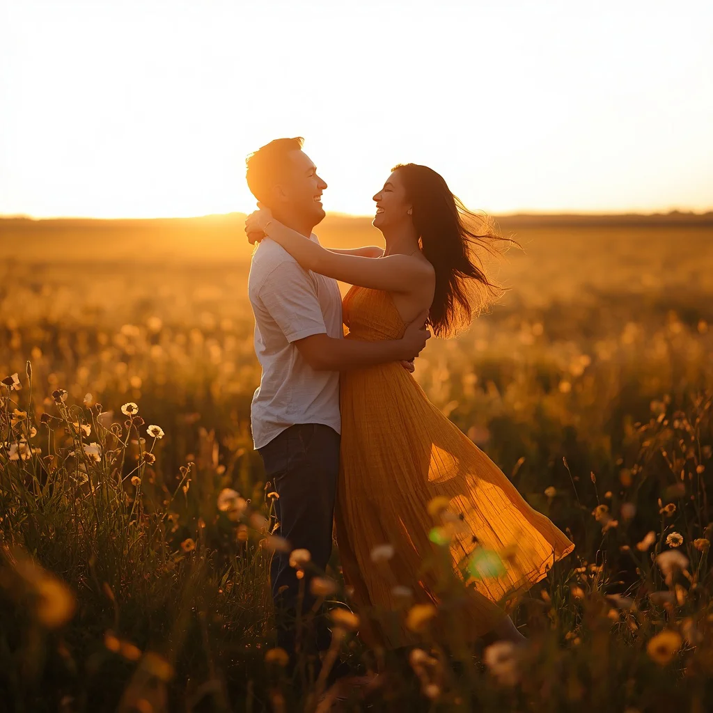 Golden Hour Field Dance: A Couple’s Joyful Embrace | Prompt seen couple ChatGPT AI photo editing