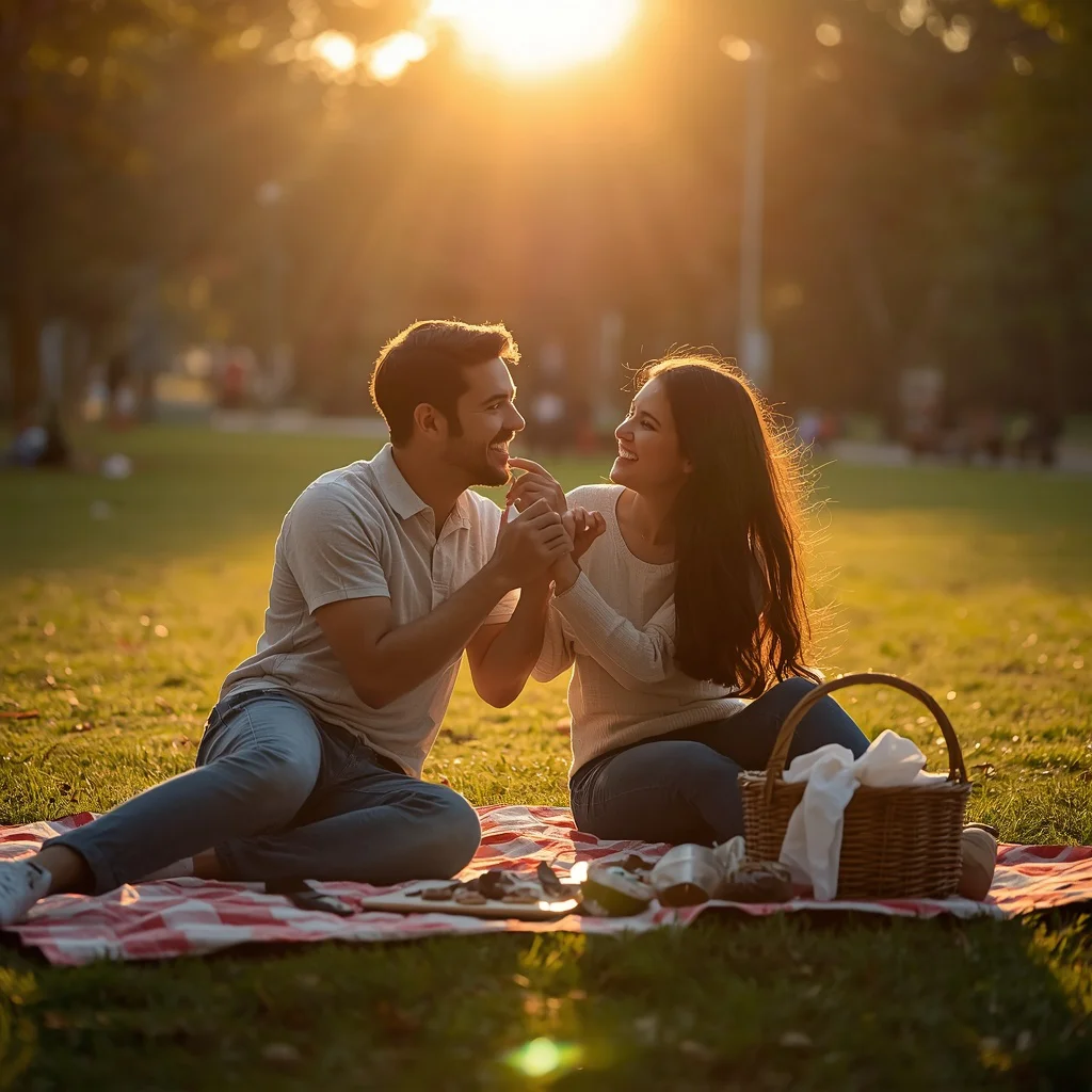 Golden Hour Picnic: A Couple’s Joyful Outdoor Scene | Prompt seen romantic couple AI photo editing