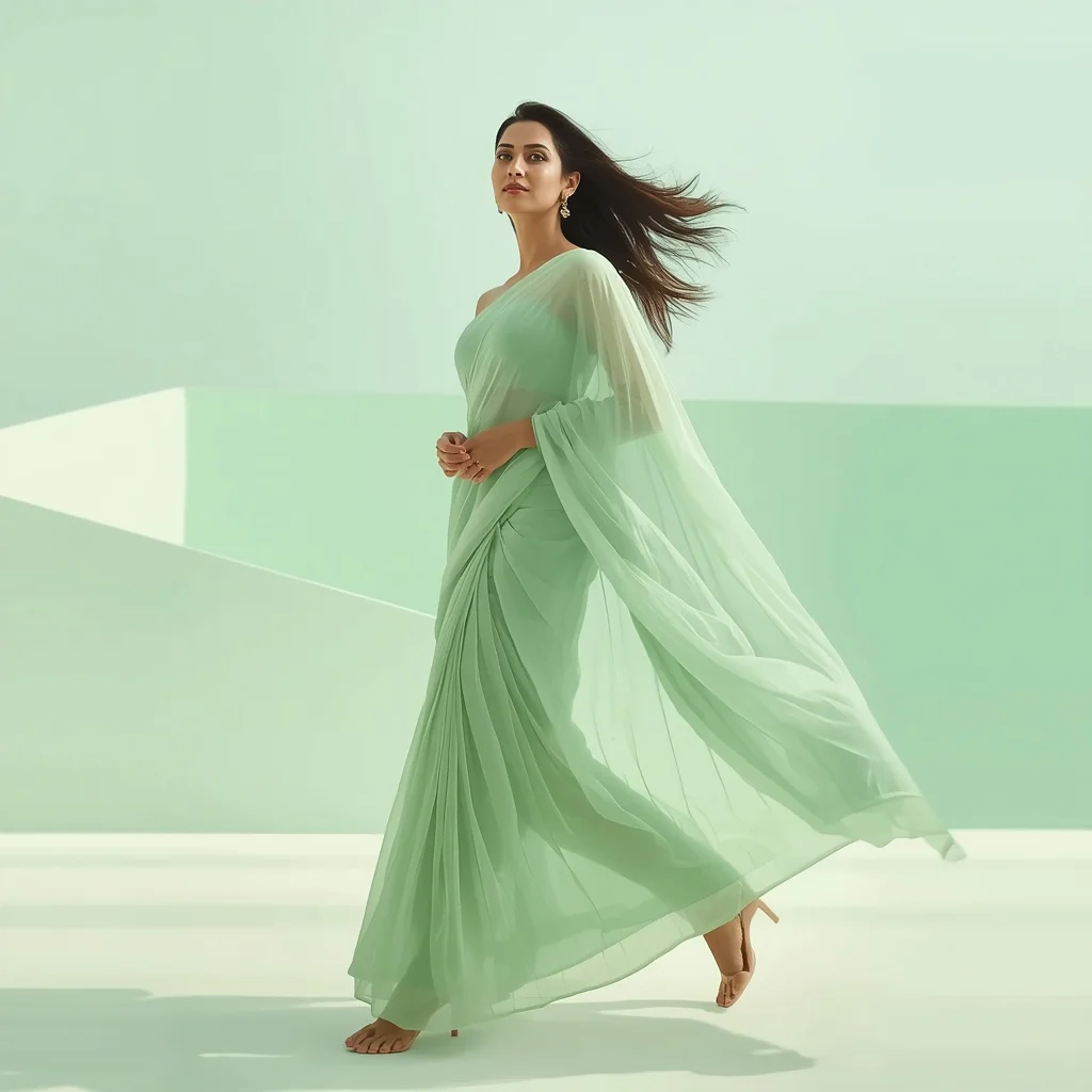 Graceful Movement of a Pastel Mint Green Chiffon Saree | traditional prompt for gemini ai girl