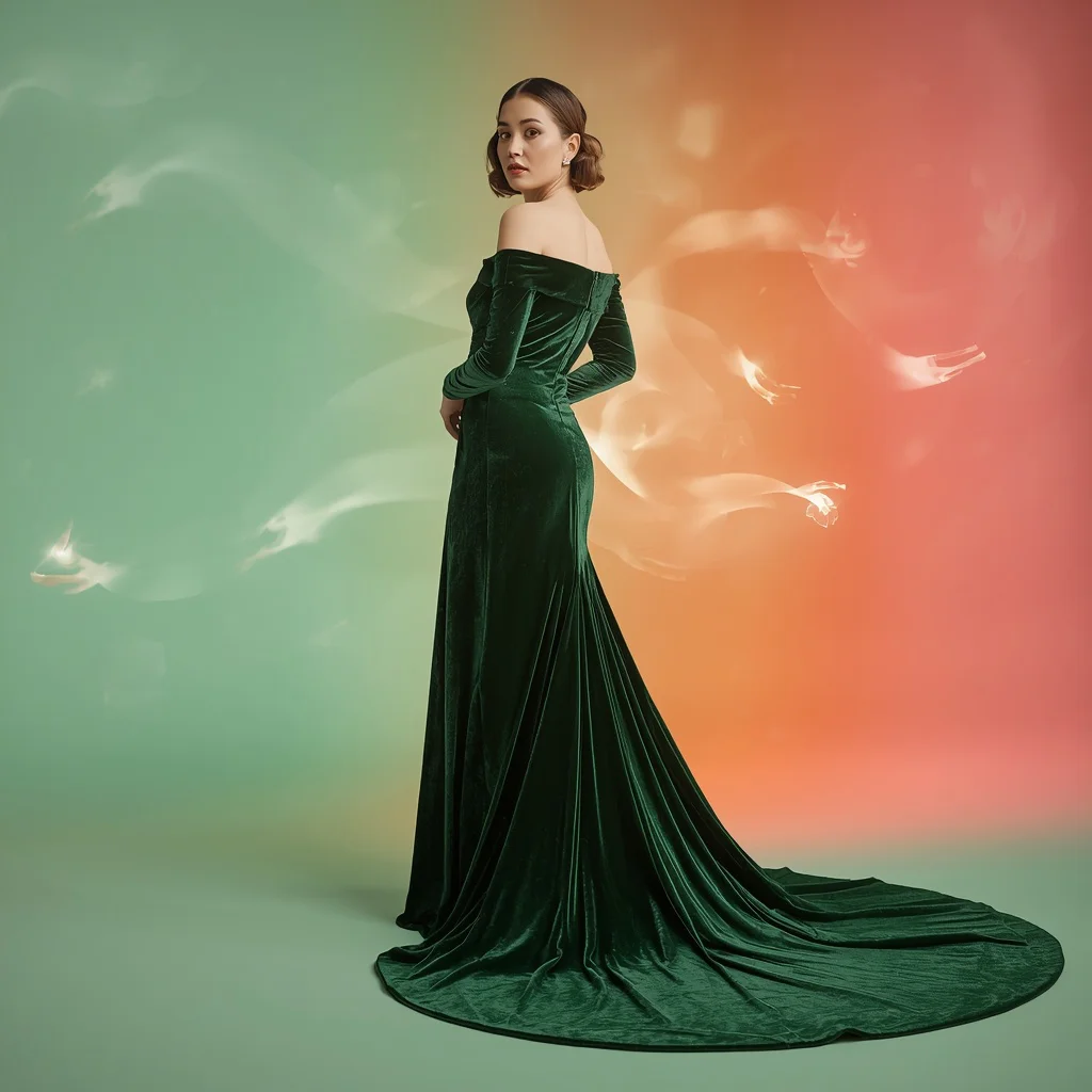 Hollywood Glamour Emerald Velvet Gown With Elegant Train