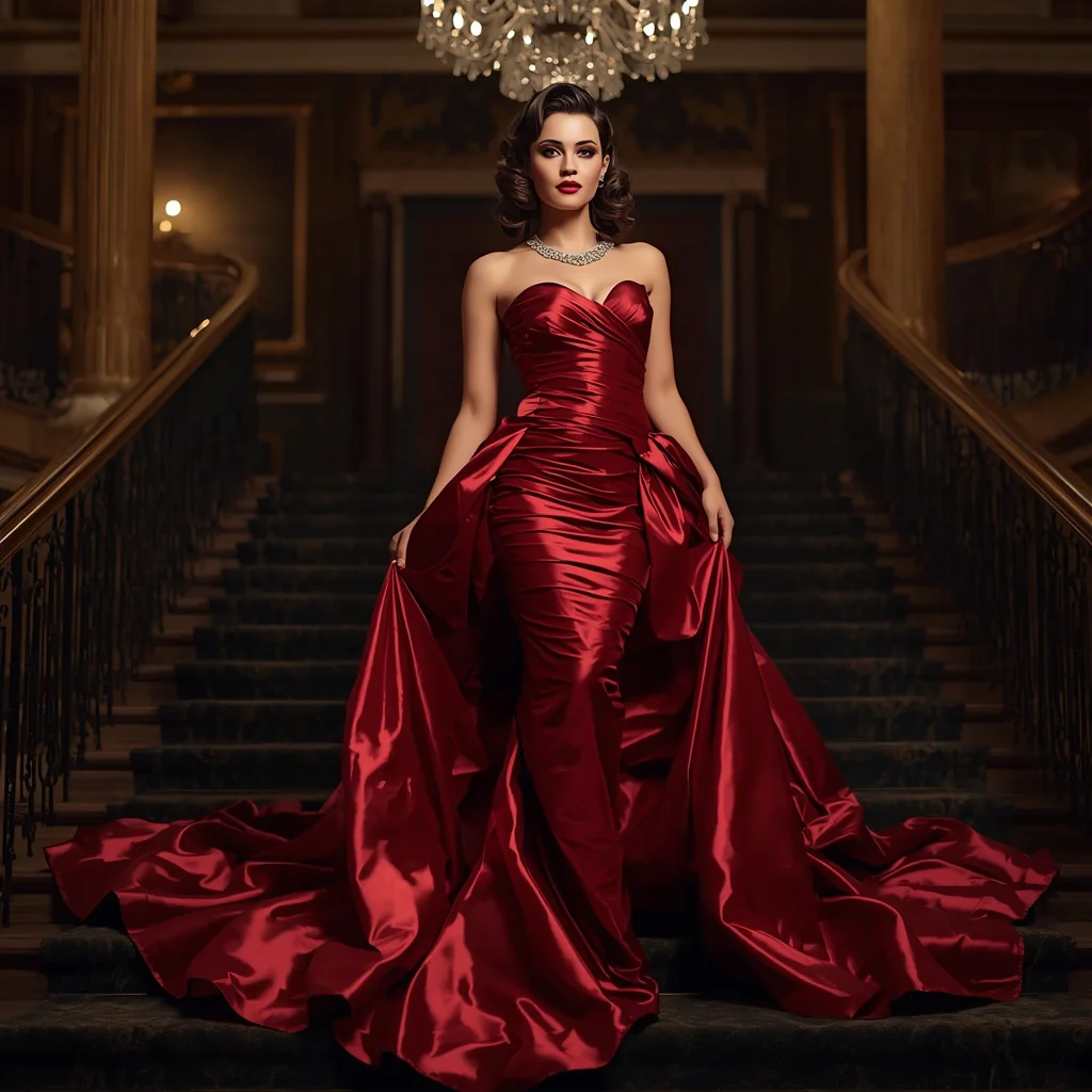 Hollywood Glamour in a Strapless Satin Gown with Dramatic Draping | Prompt seen trending girl Instagram