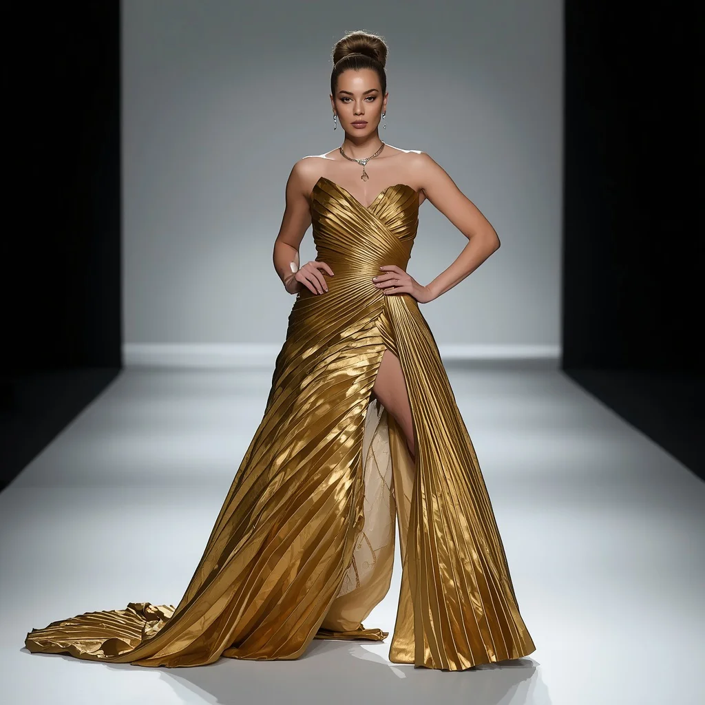 Hollywood Glamour Redefined: A Woman in a Structured Metallic Gold Gown | instagram viral photo ai prompt