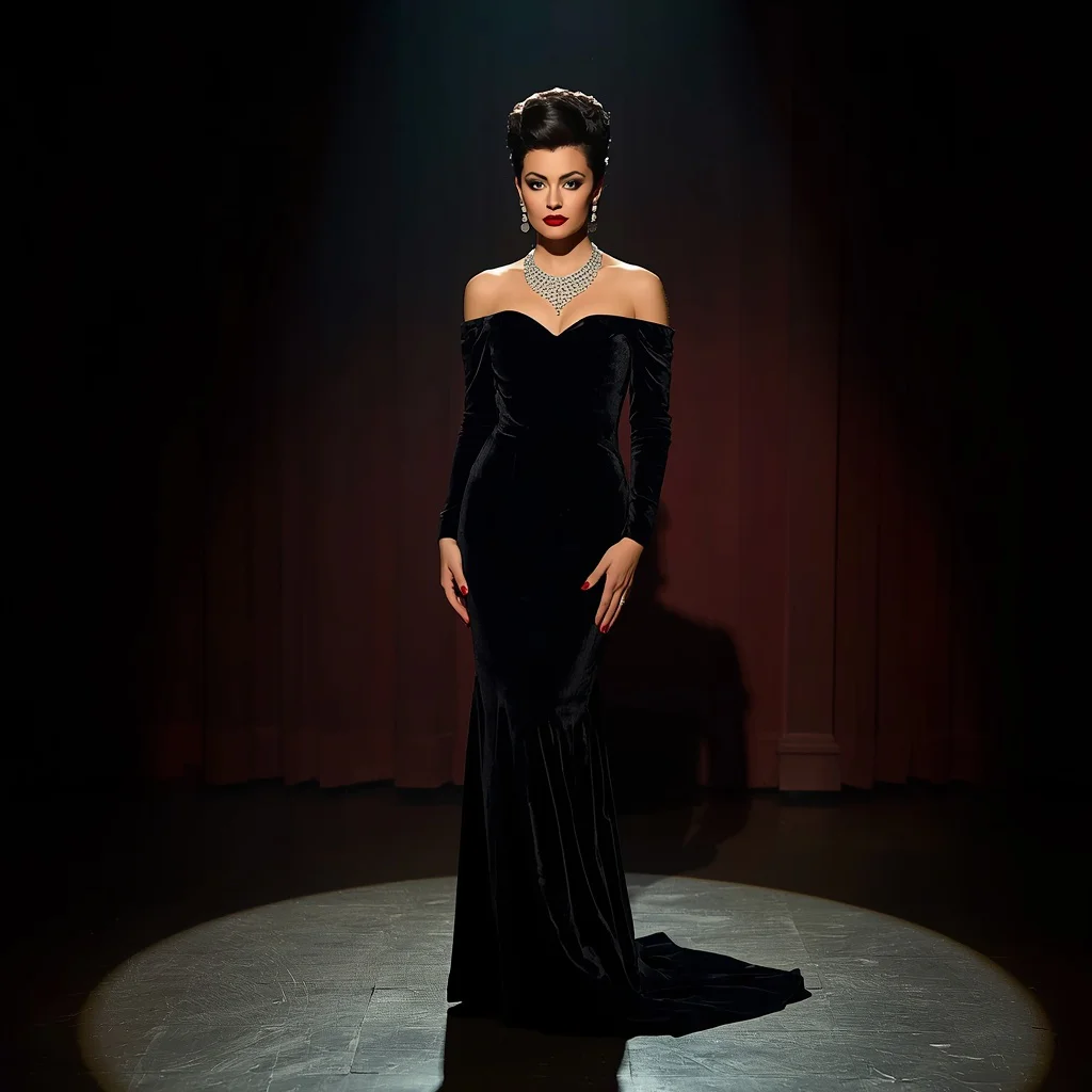 Hollywood Icon: A Classic Black Velvet Off-the-Shoulder Gown | cinematic ai prompt