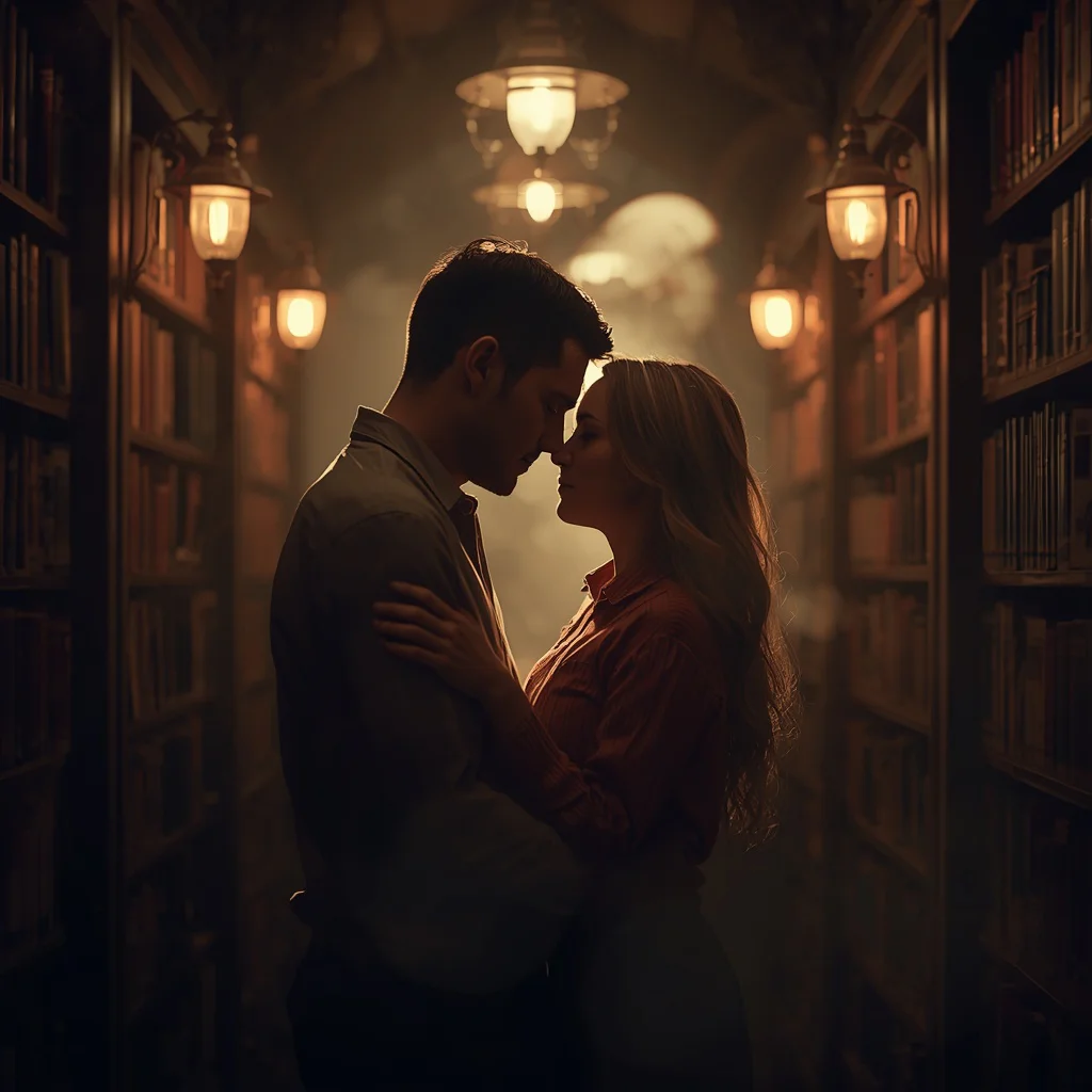 Intimate Connection: A Couple’s Tender Embrace in a Cozy Bookstore | Prompt seen romantic couple AI photo editing