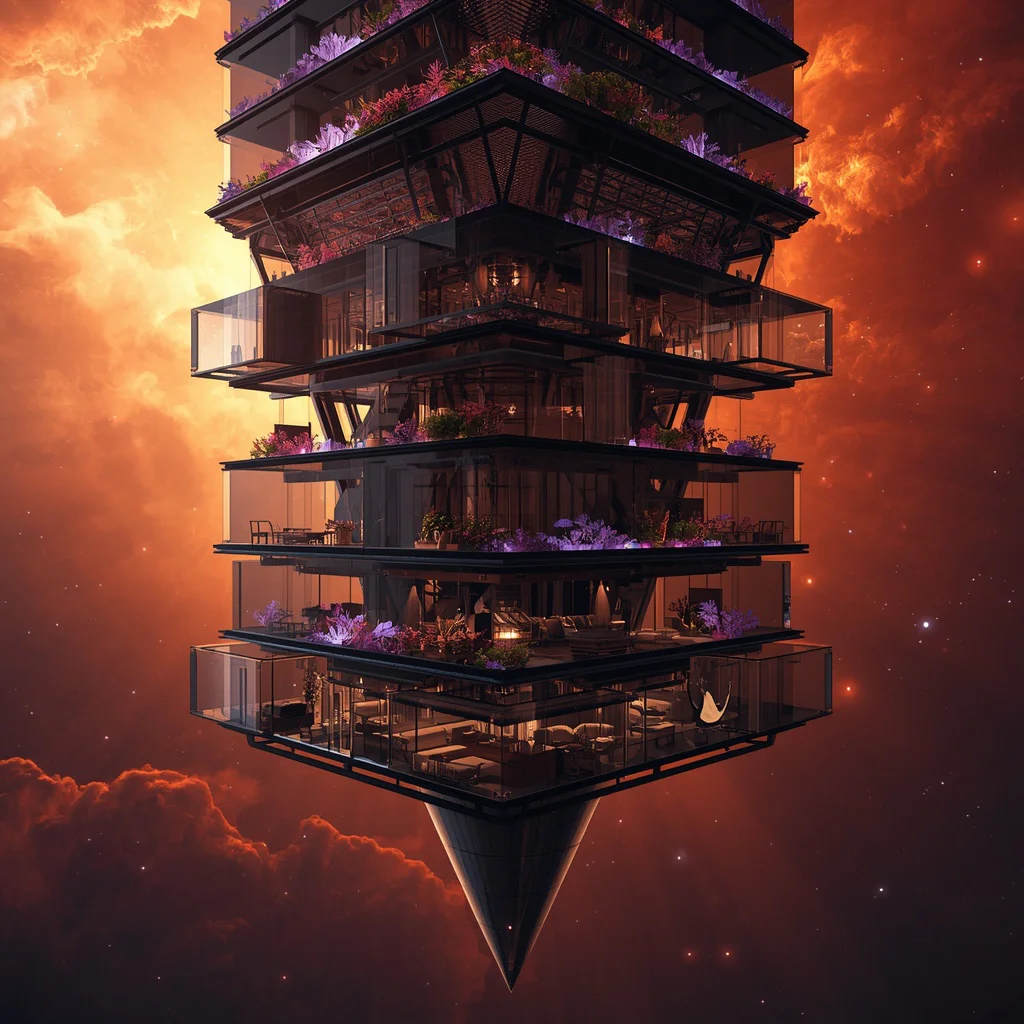 Inverted Smoky Glass Pagoda Floating in Orangered Cosmic Nebula