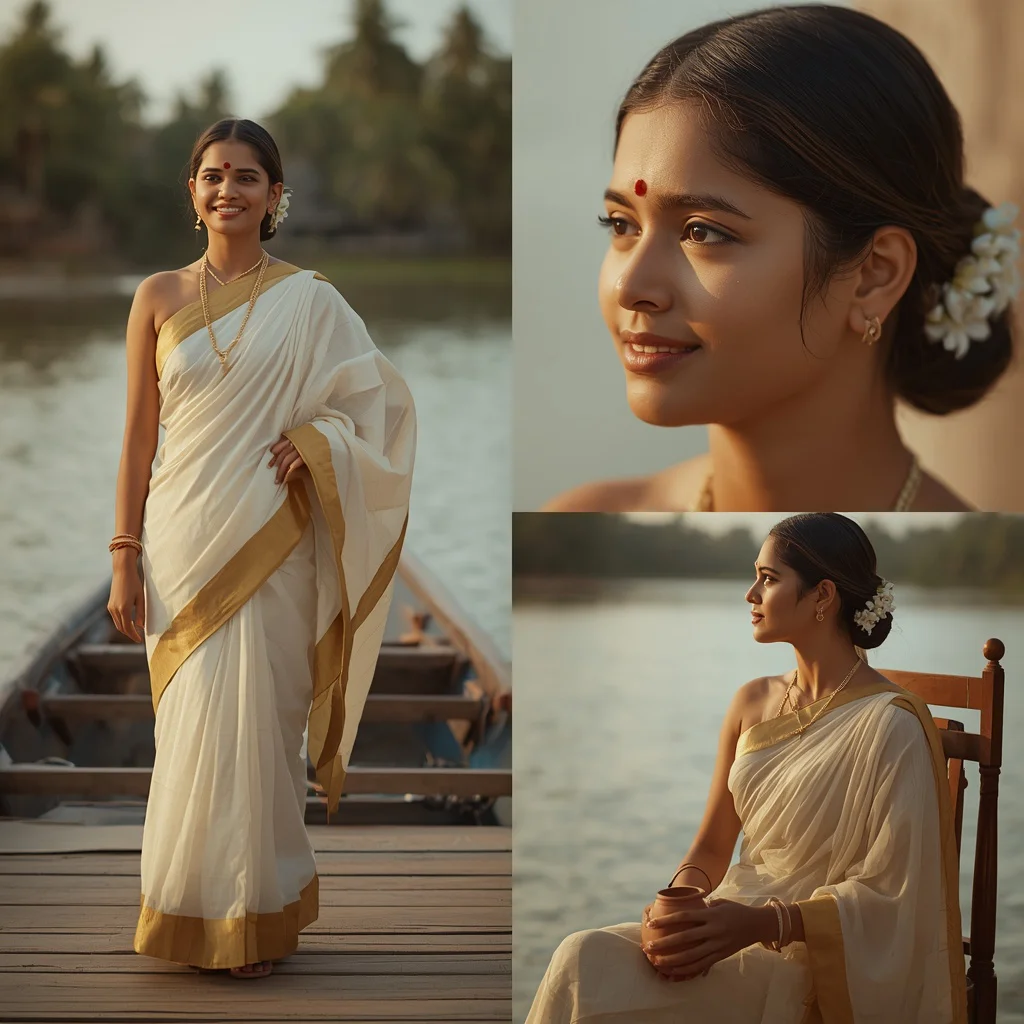 Kerala Backwater Bliss: Houseboat Setting, Traditional Attire | prompt for Gemini AI saree look couple