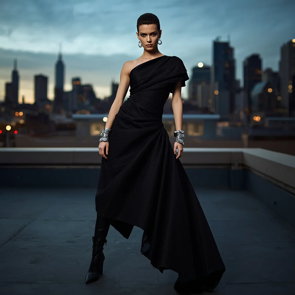 Latest Fashion: Architectural Draped Dress on an Urban Rooftop | Prompt seen trending girl 2026 chatgpt