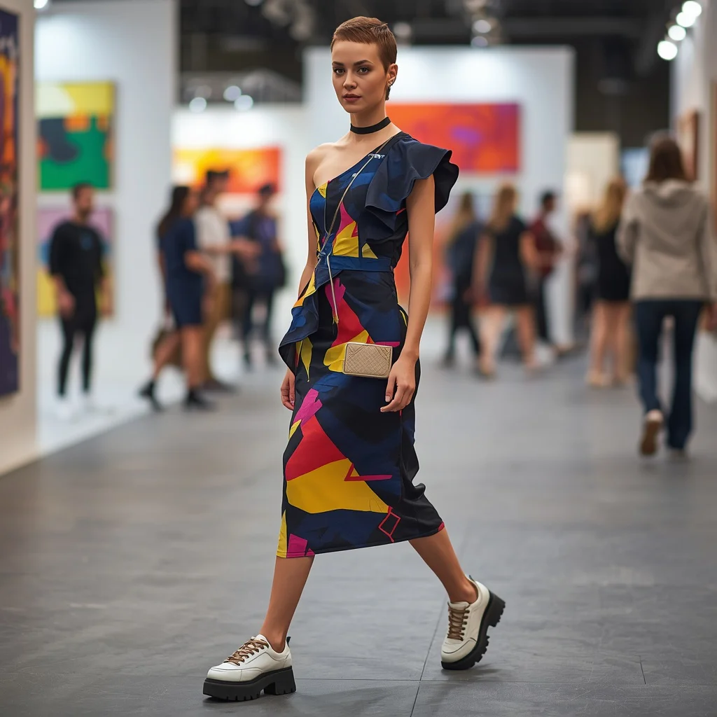 Latest Fashion: Asymmetrical Ruffle Dress for an Art Fair | ai gemini prompt