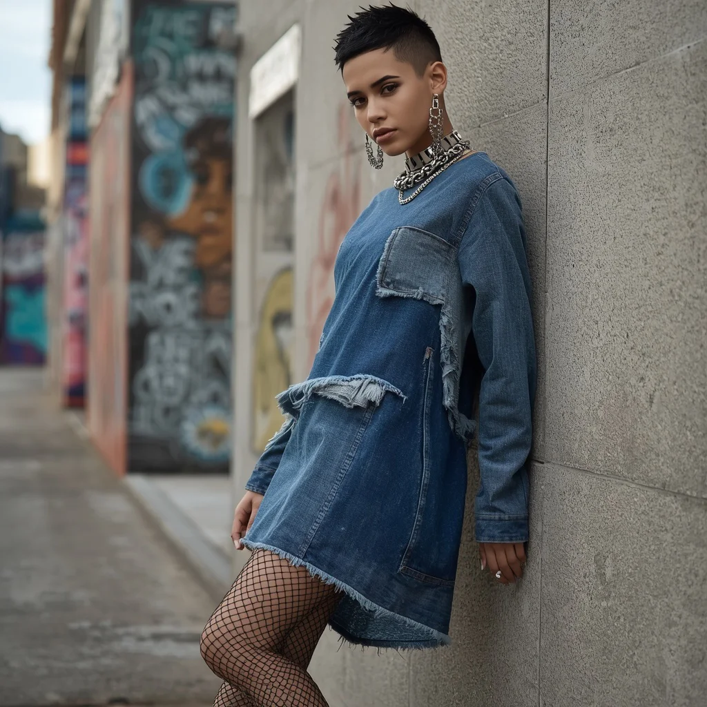 Latest Fashion: Deconstructed Denim Patchwork Dress for Urban Style | Prompt for traditional look for girl
