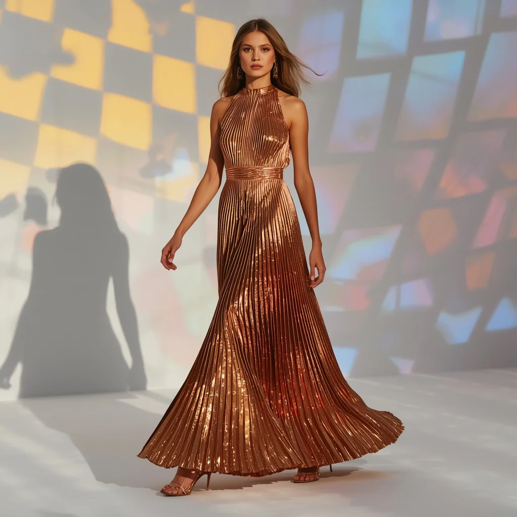 Latest Western Dress Design Featuring Pleated Lamé Train