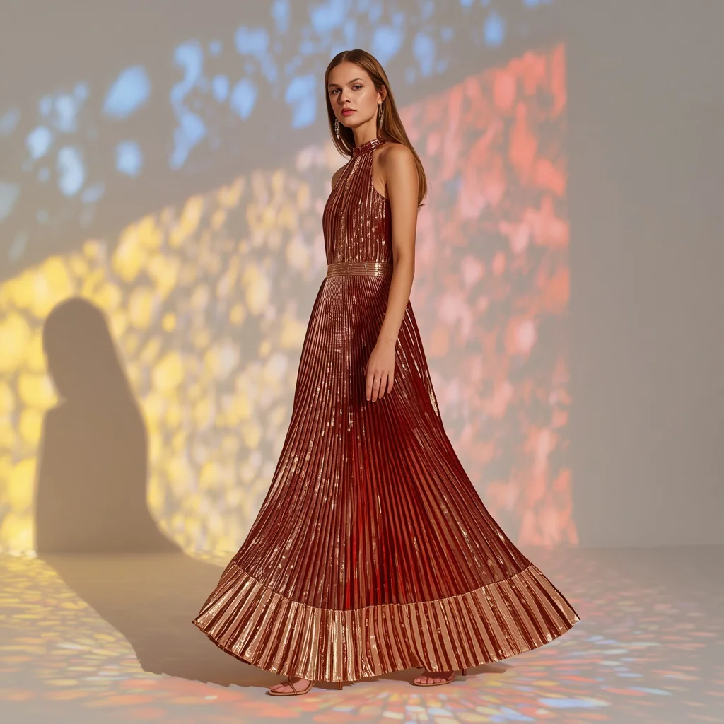 Latest Western Dress Featuring Shimmering Pleated Lamé