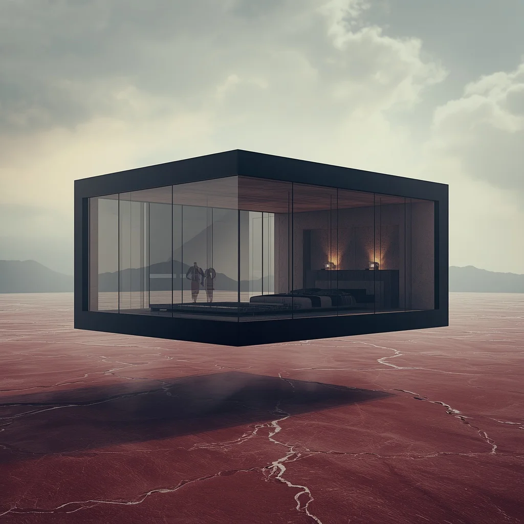 Levitating Matte Black Carbon Monolith Above Crimson Salt Desert