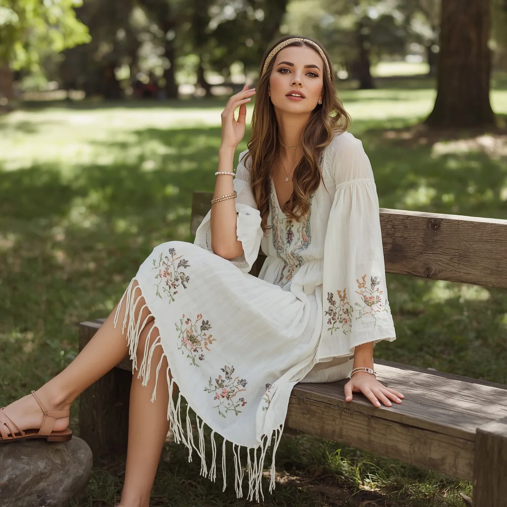 Modern Bohemian Chic: A Woman in a Embroidered Peasant Dress with Fringe | free ai prompt