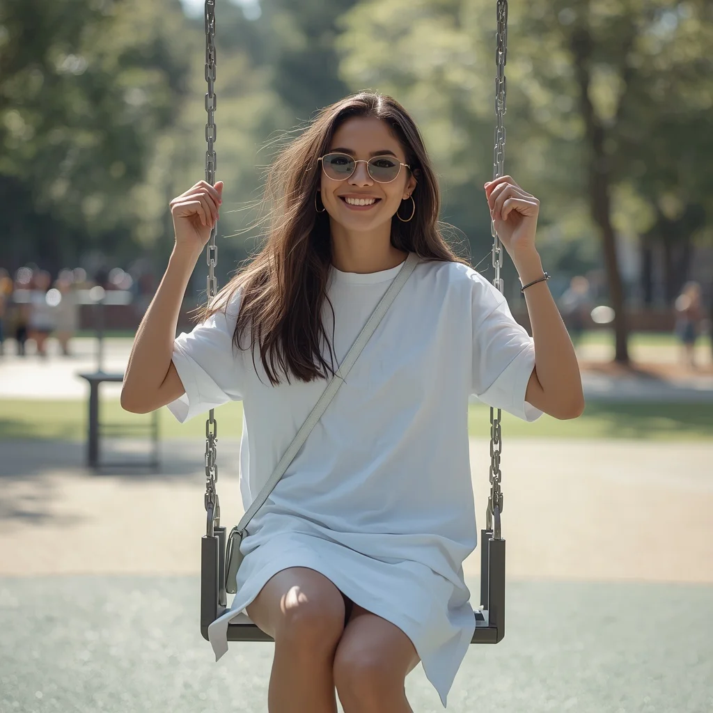 Modern Casual White Oversized T-shirt Dress in a City Park Playground | ai photo editing prompt