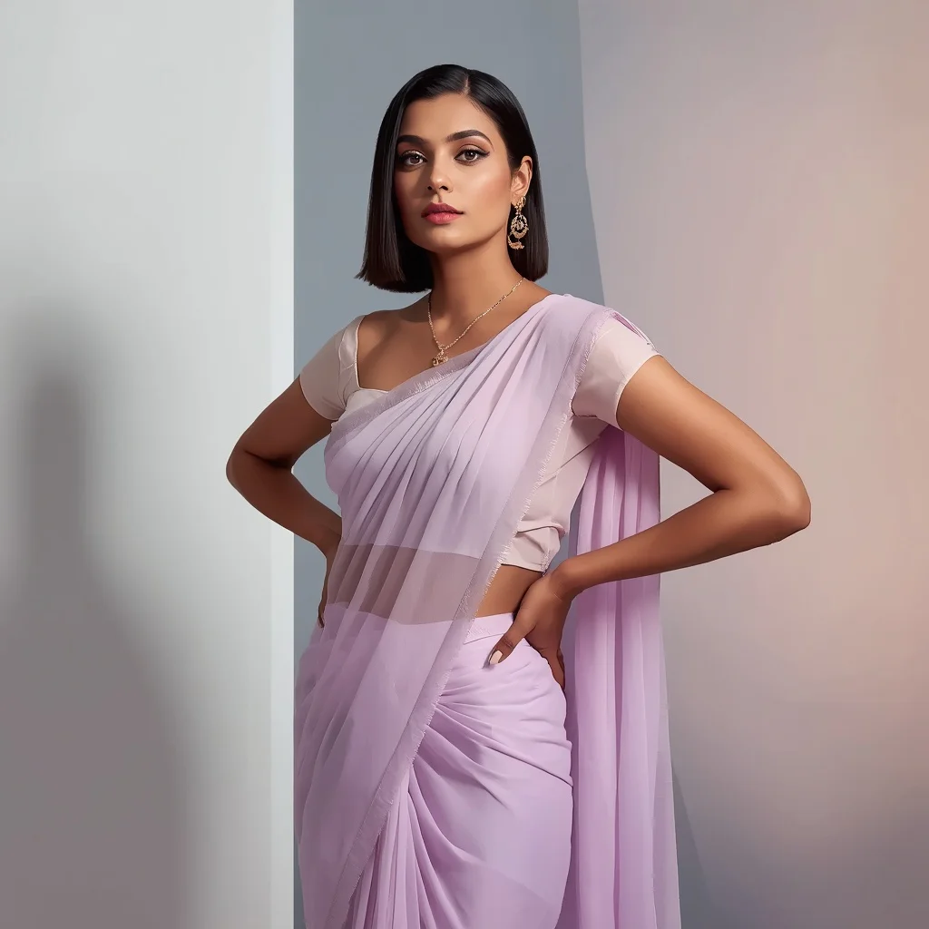 Modern Edge with a Cropped Blouse and Pastel Lilac Saree | prompt seen girl lehenga