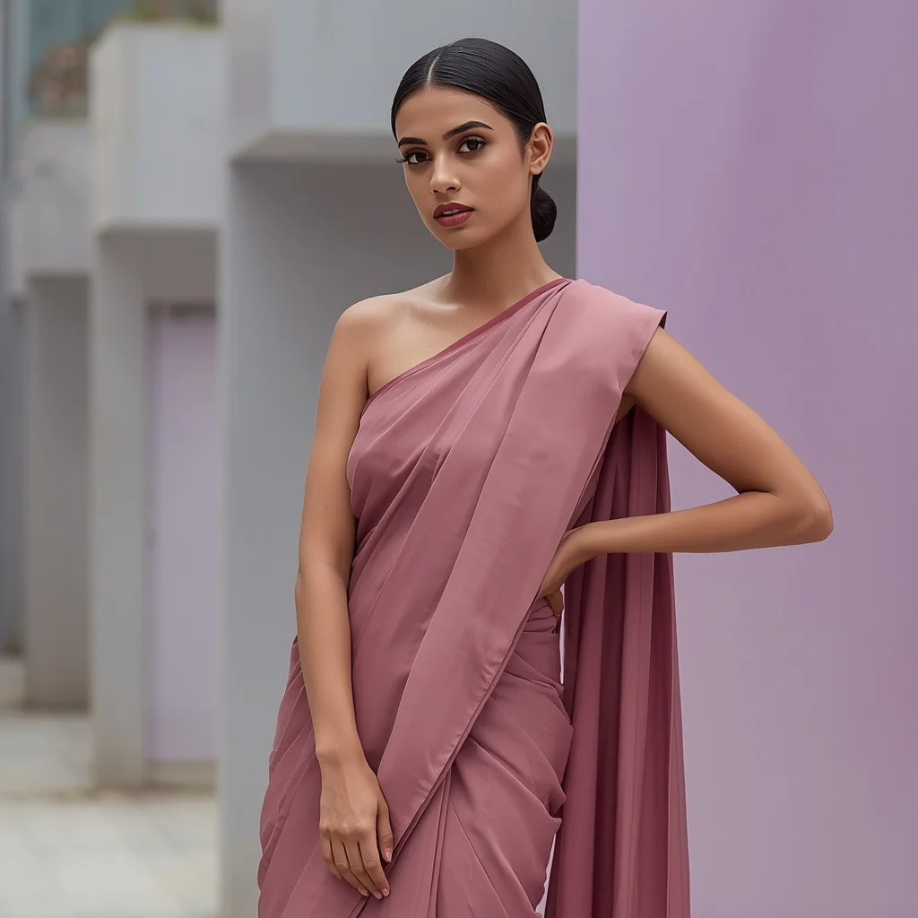 Modern Elegance with a Pastel Mauve Crepe Saree | saree prompt for chatgpt ai