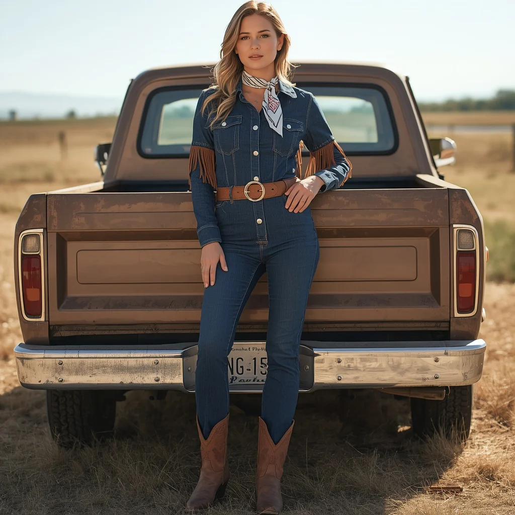 Modern Western Chic: Denim Jumpsuit with Fringe | pre wedding ai prompt