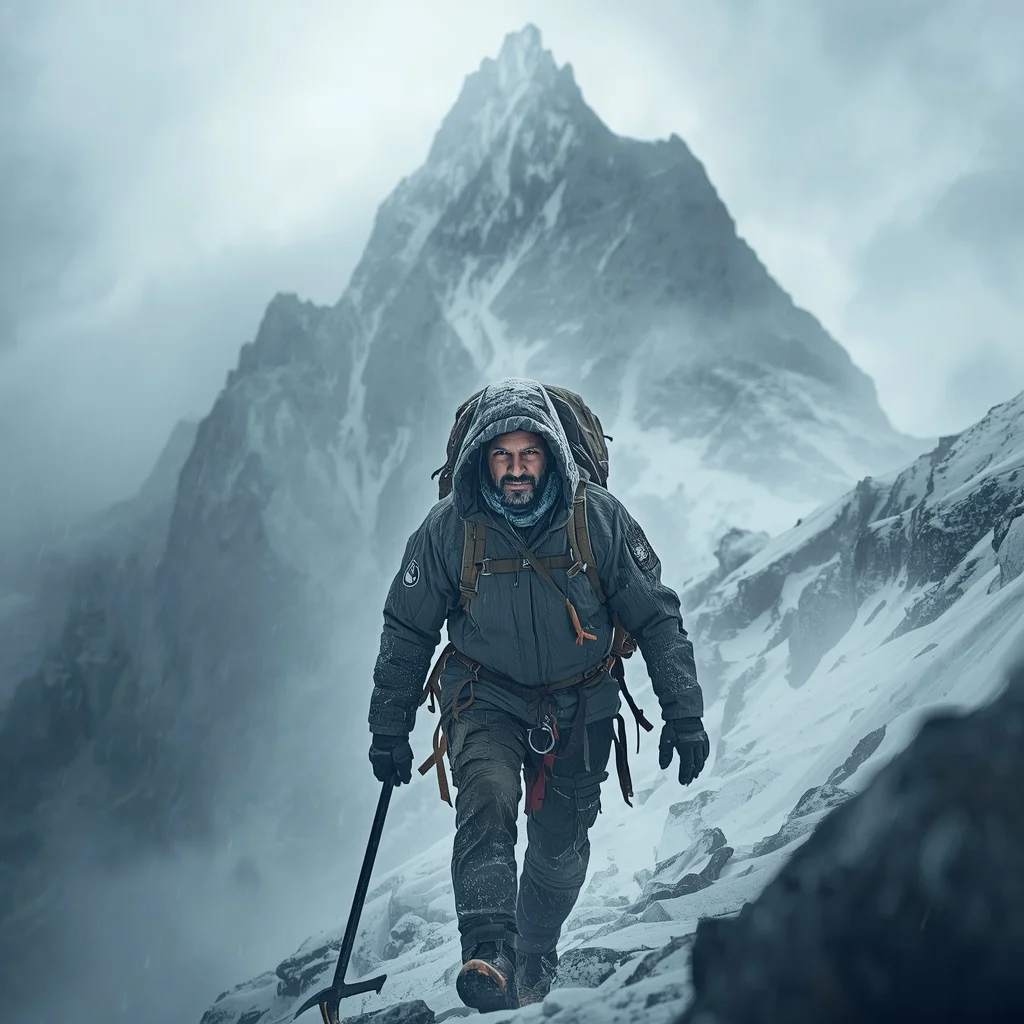 Mountain Explorer: A Man’s Epic Journey in Harsh Terrain | copy paste ai prompt