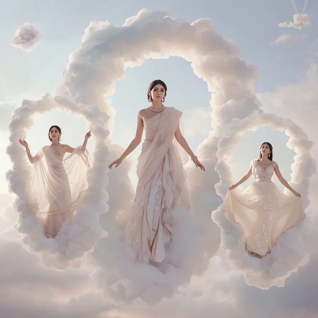 Mythical Cloud Kingdom Collage: Indian Goddess in Ethereal Drapes