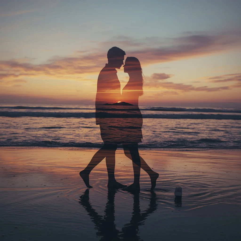 Oceanic Embrace: A Couple’s Romantic Sunset Silhouette on a Serene Beach | Simple couple photo prompt