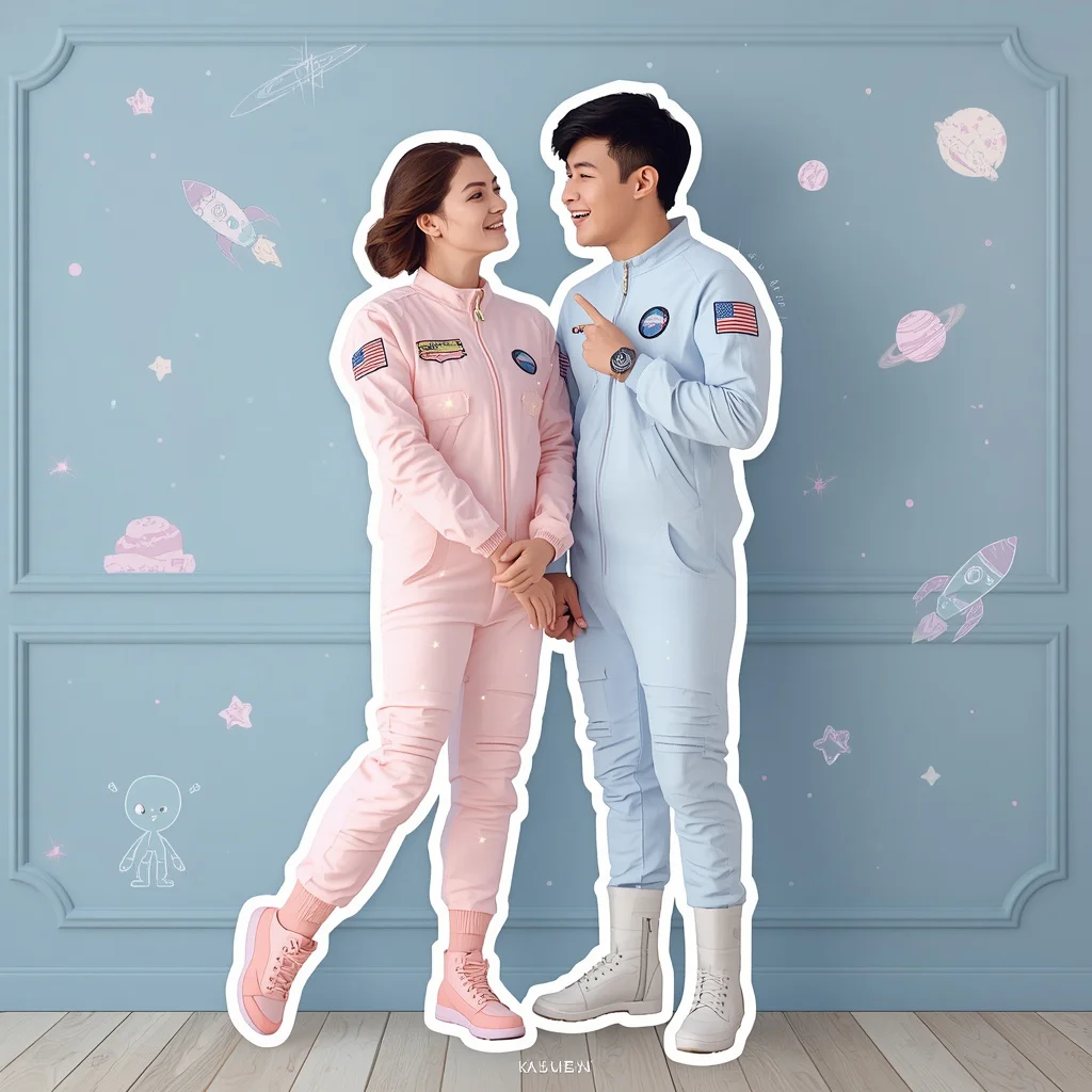 Pastel Galaxy Pastel Sticker Art Couple with Celestial Background | ChatGPT couple photo prompt realistic copy and paste