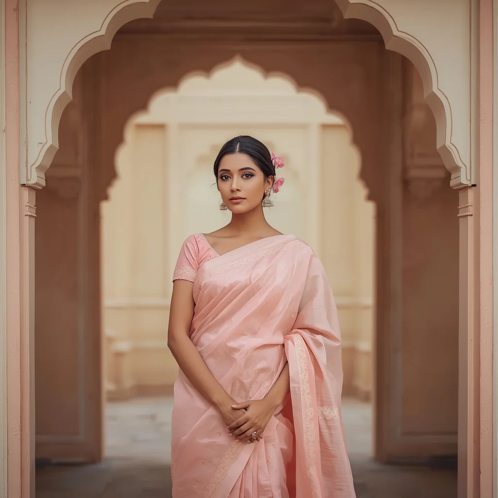 Pensive Stance by a Traditional Archway in Pastel Pink | Traditional saree prompt in english images