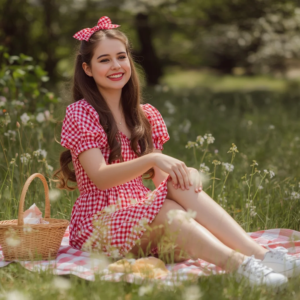 Playful Gingham Sundress in a Whimsical Outdoor Setting